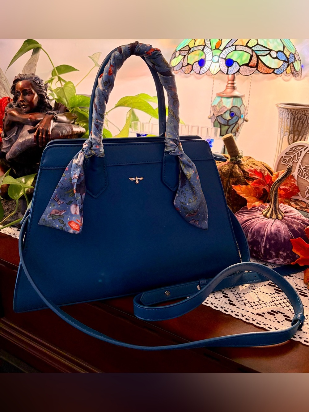 Fable England Teal Blue Satchel with Scarf-Wrapped Handles
